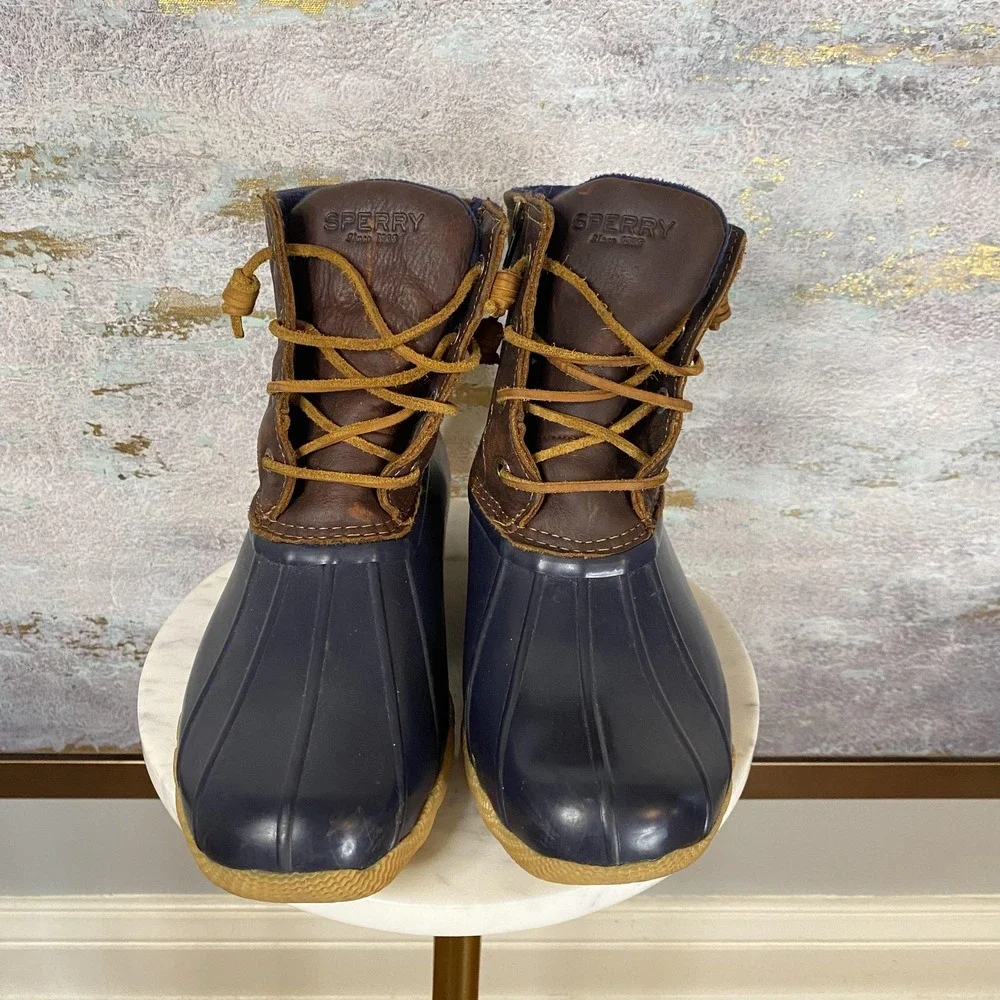 Sperry Boots Womens Size 8 Blue Brown Leather Duck Rain Ankle Zip STS91175